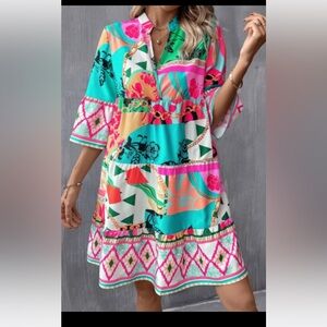 Multicolour Abstract Printed Half Sleeve Notched Neck Mini Dress